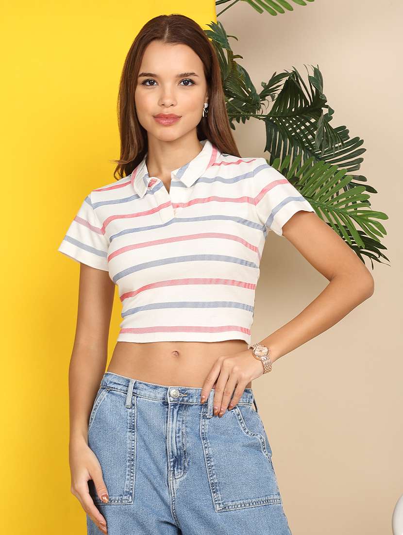 women printed short sleeve polo crop t-shirt - 22218783 -  Standard Image - 1