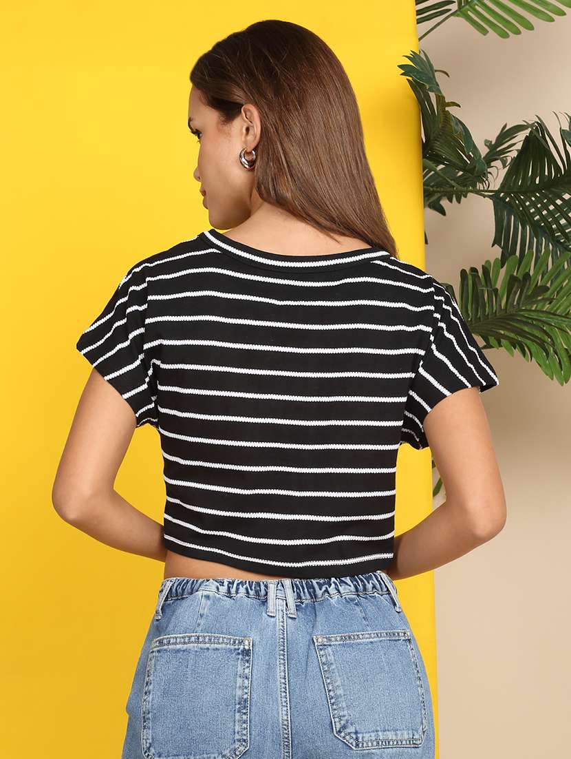 women striped short sleeve polo crop t-shirt - 22218786 -  Standard Image - 4