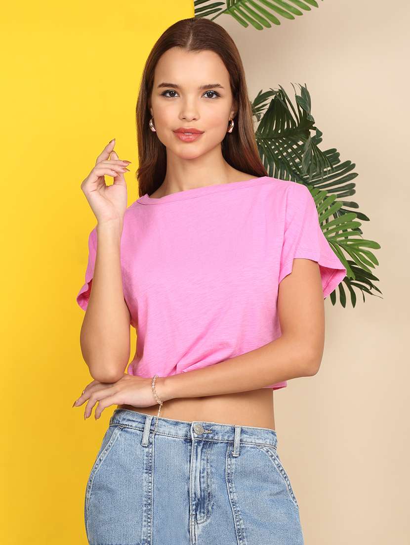 women solid short sleeve crop t-shirt - 22218790 -  Standard Image - 1