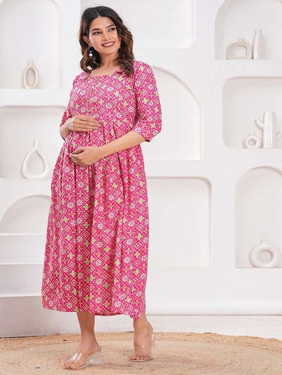 women printed three quarter sleeve maternity wear dress - 22218938 -  Standard Image - 1