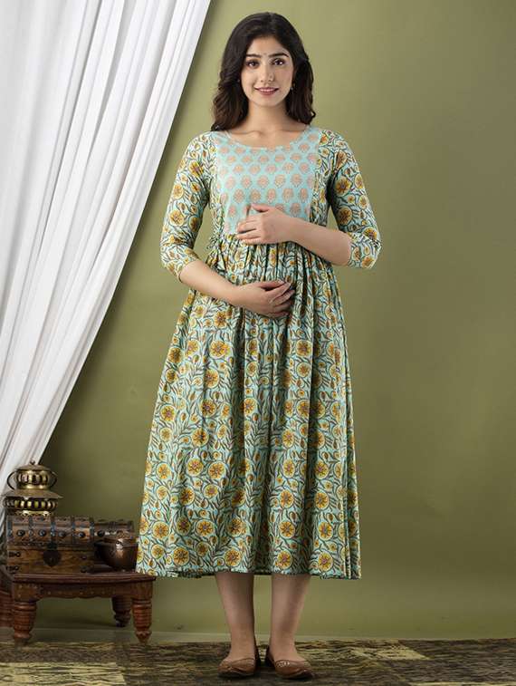 women floral printed three quarter sleeve maternity wear dress