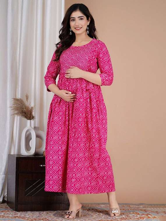 women bandhani printed three quarter sleeve maternity wear dress - 22219078 -  Standard Image - 1