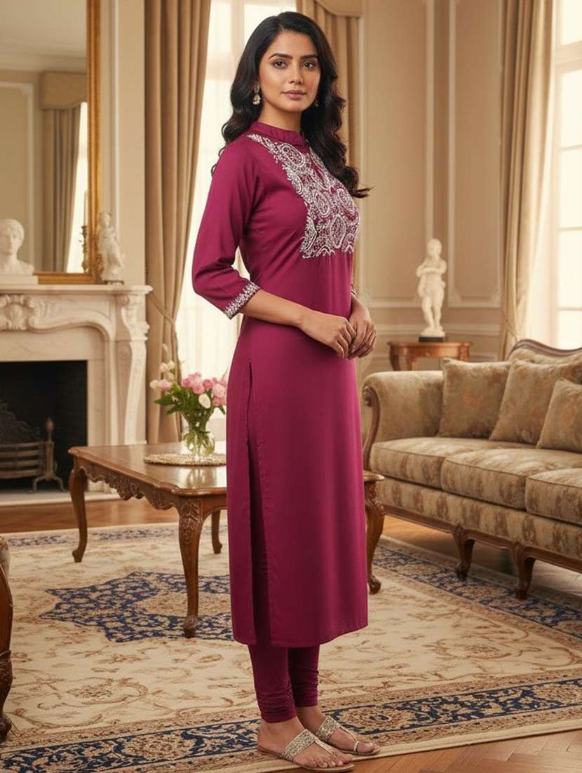 women solid with work three quarter sleeve straight kurta - 22219095 -  Standard Image - 1