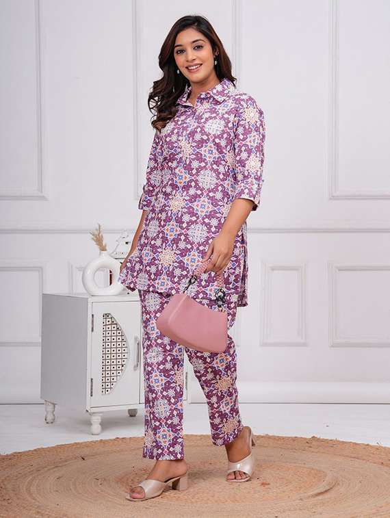 women printed three quarter sleeve co-ord set - 22219119 -  Standard Image - 1