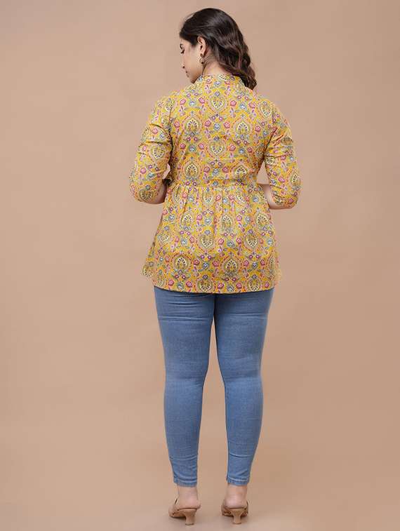 women printed three quarter sleeve a-line ethnic top - 22219130 -  Standard Image - 1