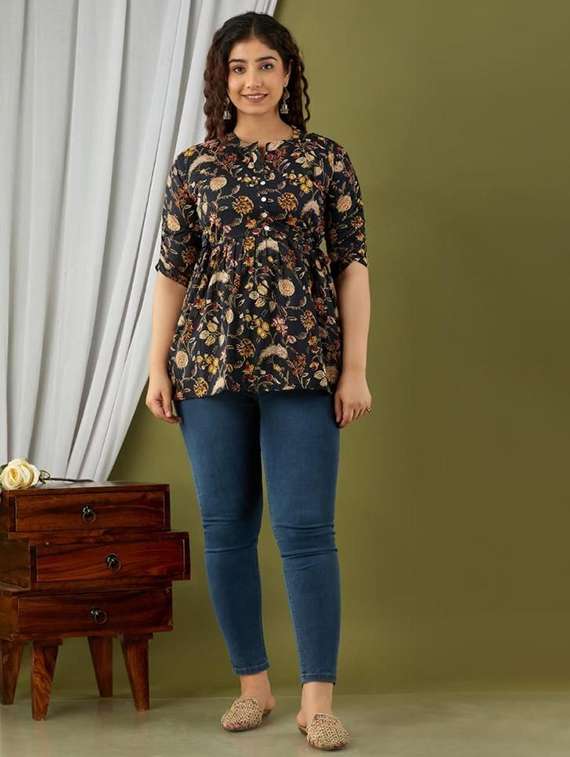 women floral printed three quarter sleeve a-line ethnic top - 22219139 -  Standard Image - 1