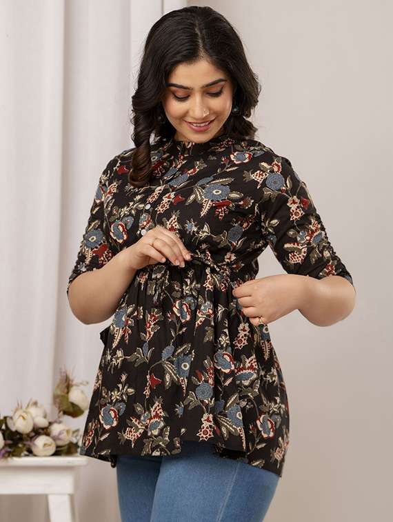 women floral printed three quarter sleeve a-line ethnic top - 22219141 -  Standard Image - 1