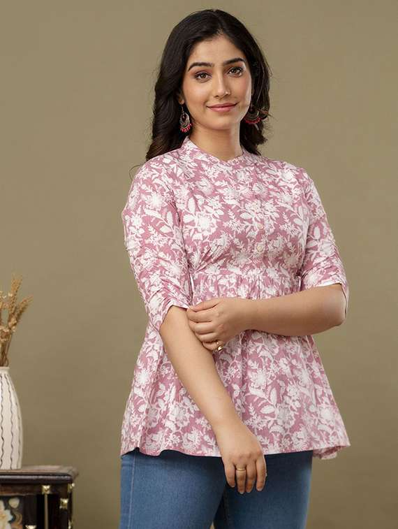 women floral printed three quarter sleeve a-line ethnic top - 22219146 -  Standard Image - 1