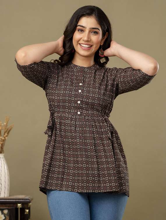 women printed three quarter sleeve a-line ethnic top - 22219161 -  Standard Image - 1