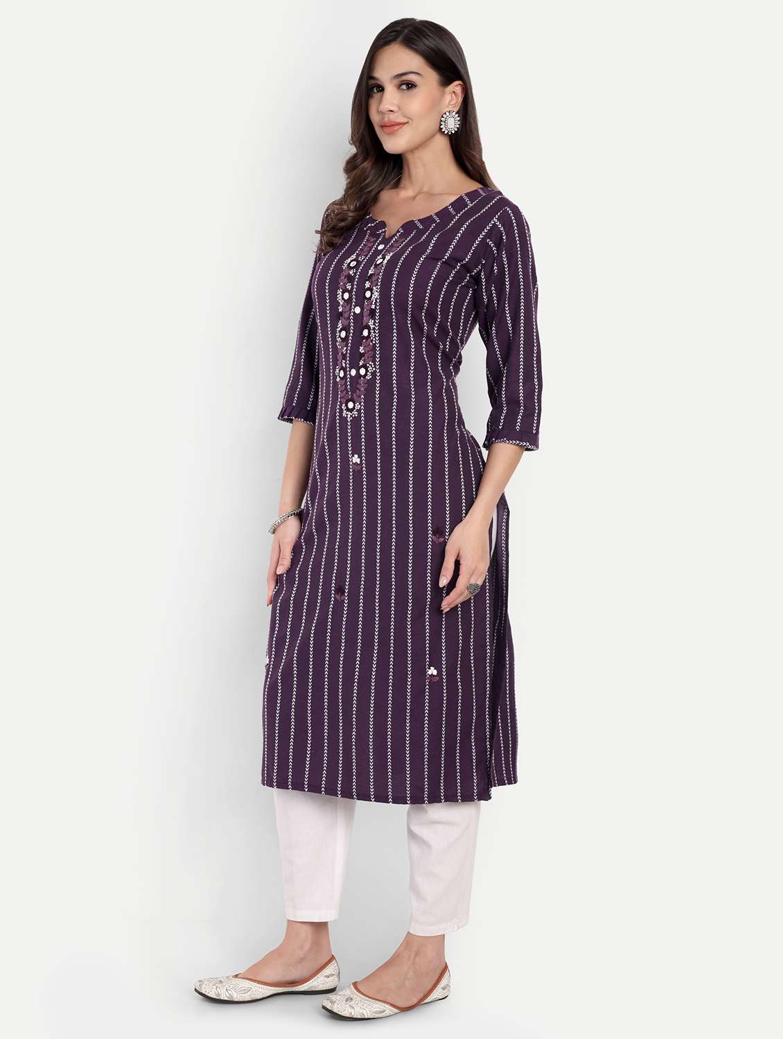 women striped three quarter sleeve straight kurta - 22219194 -  Standard Image - 1