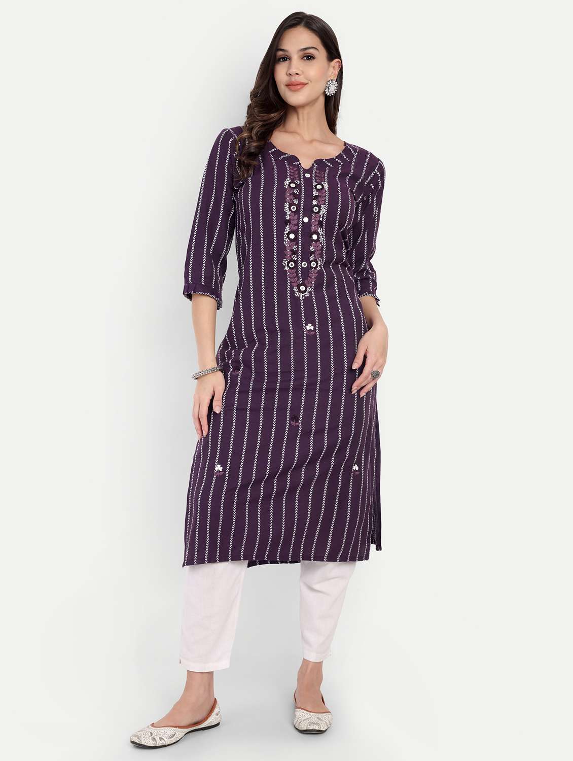 women striped three quarter sleeve straight kurta - 22219194 -  Standard Image - 4