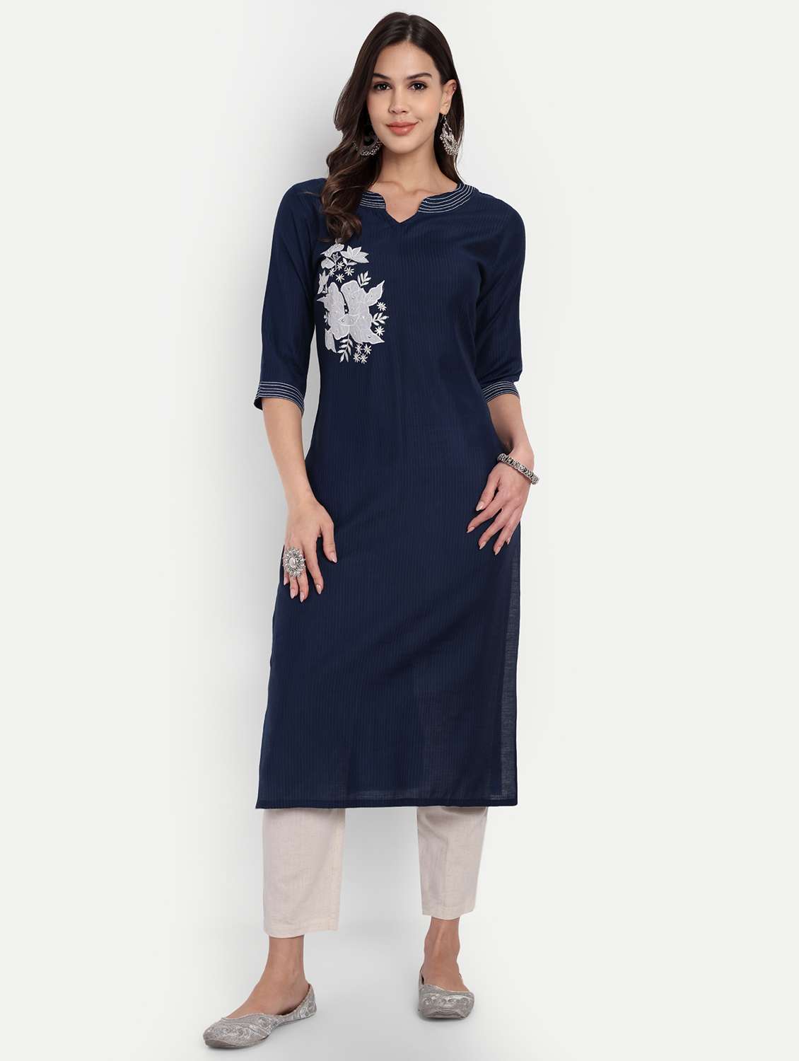 women solid with work three quarter sleeve straight kurta