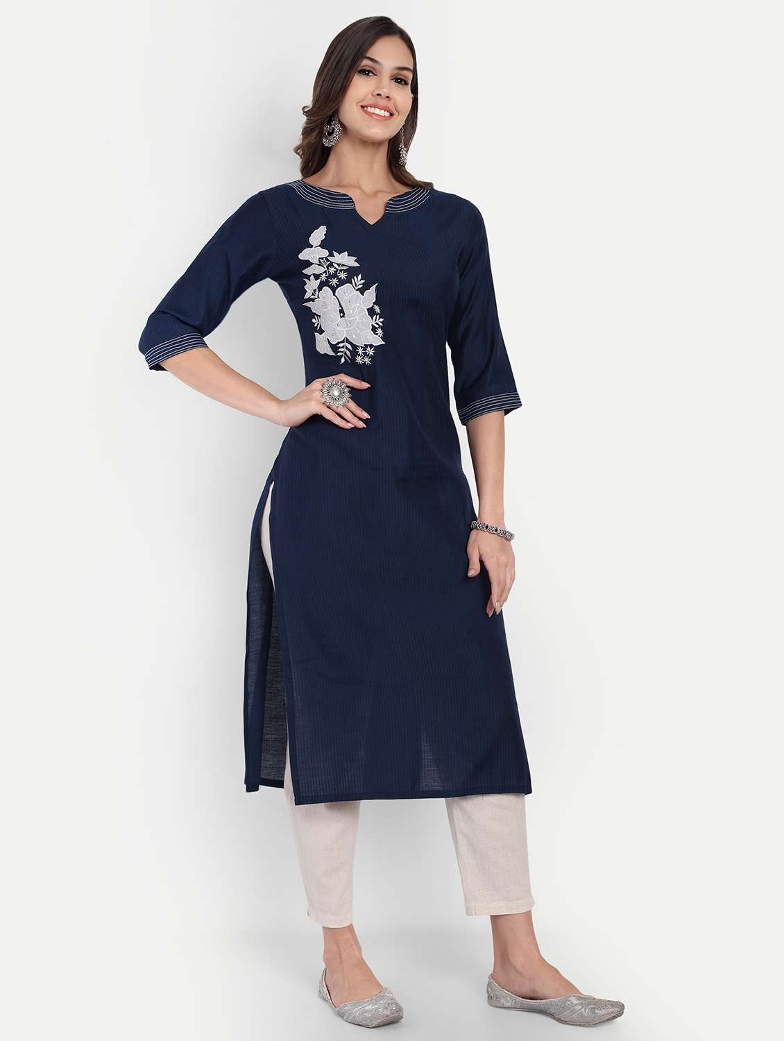 women solid with work three quarter sleeve straight kurta - 22219196 -  Standard Image - 1