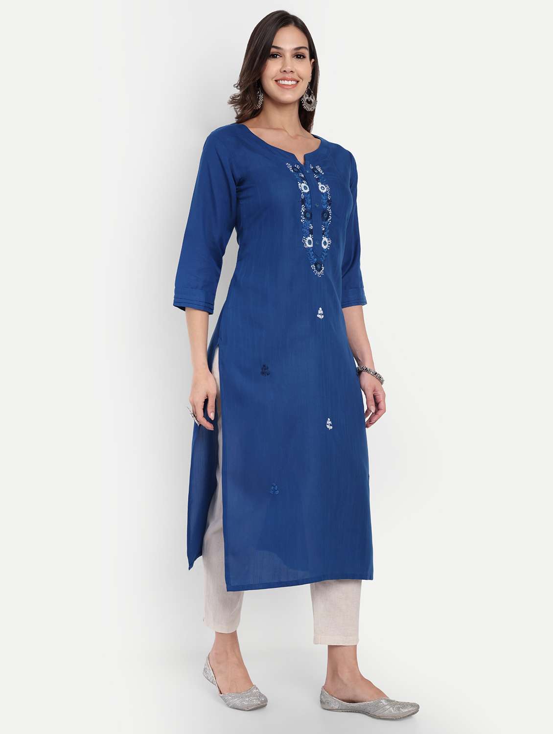women solid with work three quarter sleeve straight kurta - 22219197 -  Standard Image - 1
