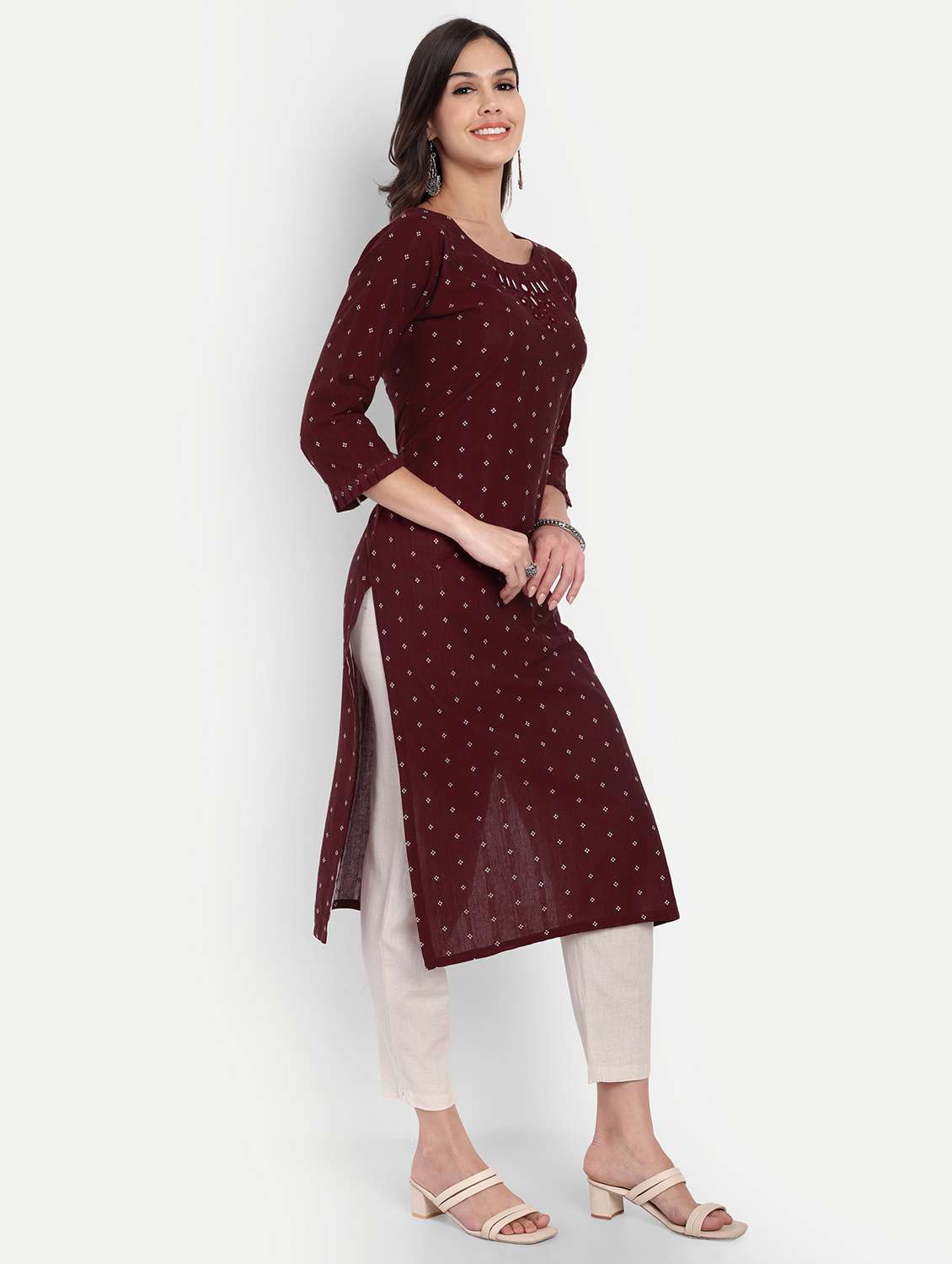 women self design three quarter sleeve straight kurta - 22219198 -  Standard Image - 1