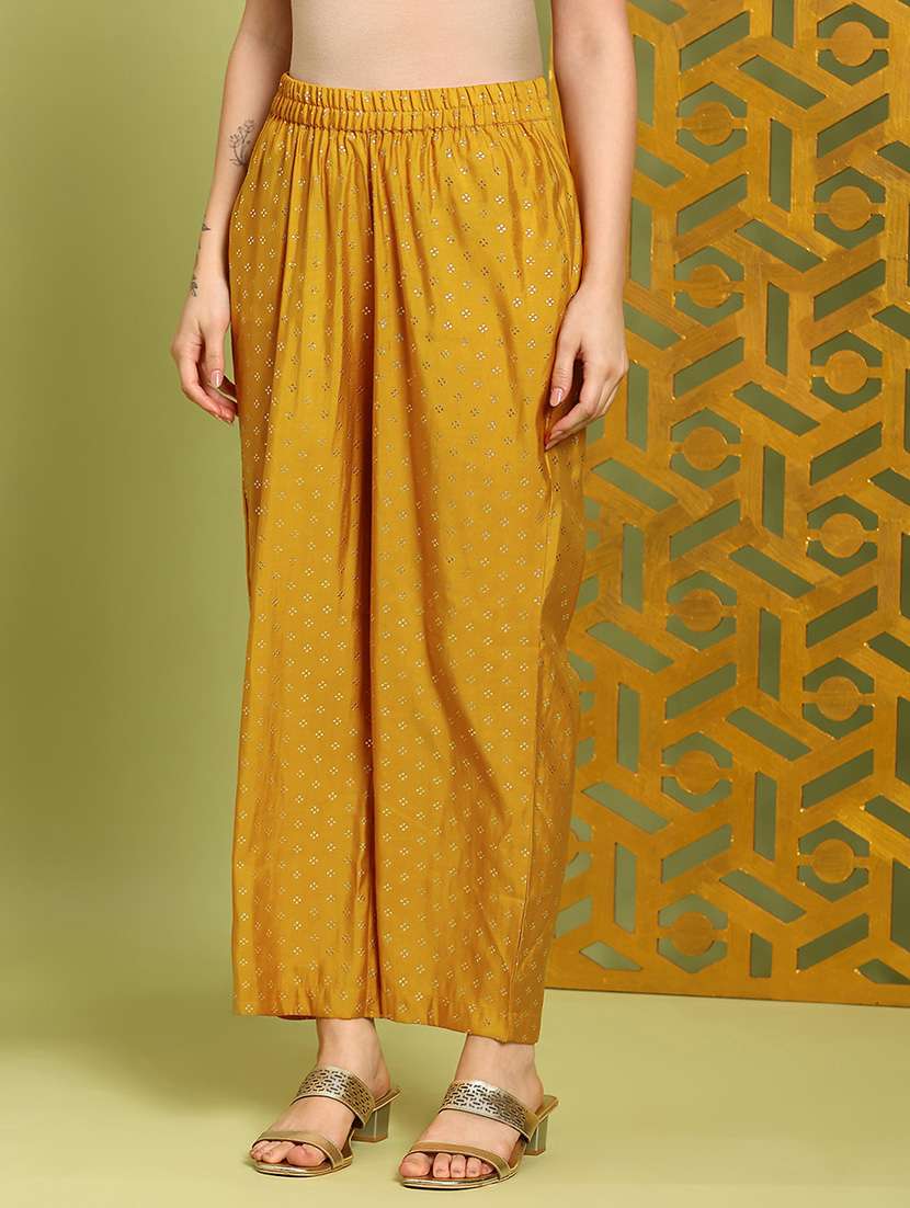 globus women mustard zari embroidered v-neck gold foil print panelled anarkali kurta & wide leg pants festive set - 22219210 -  Standard Image - 4