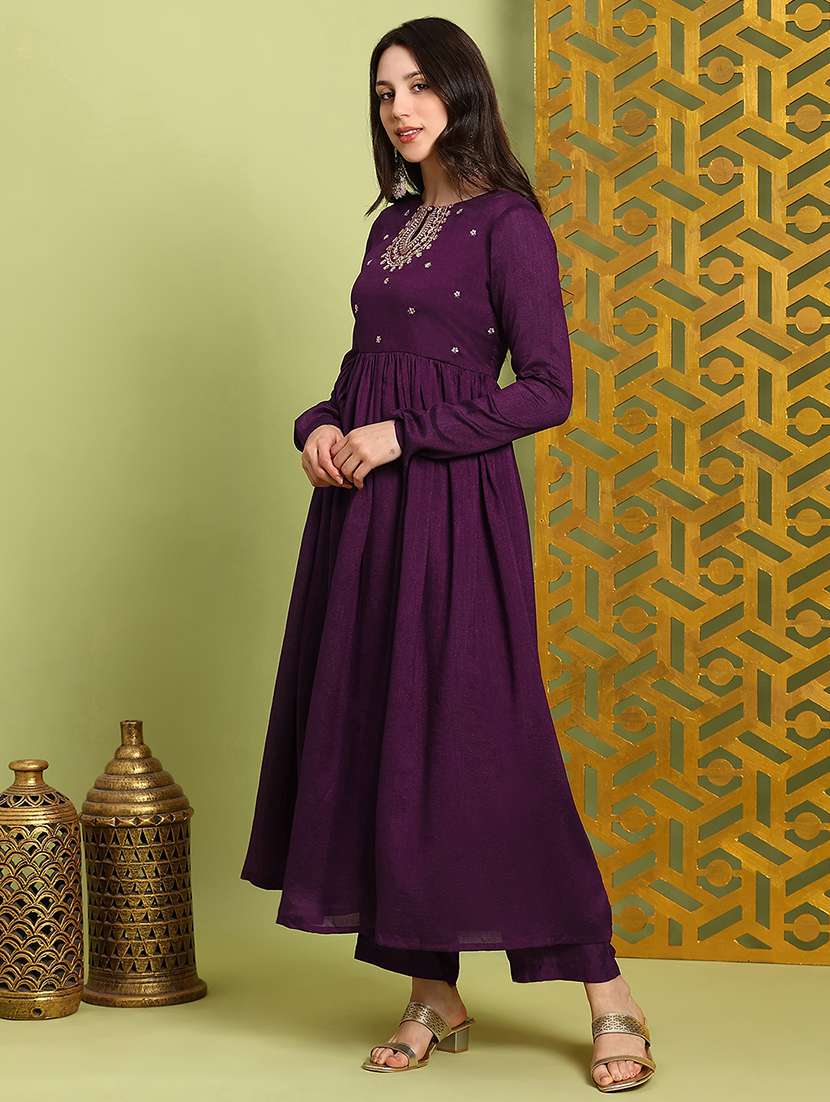 globus women purple sequin embroidered keyhole neck anarkali kurta with wide leg pants festive set - 22219213 -  Standard Image - 1