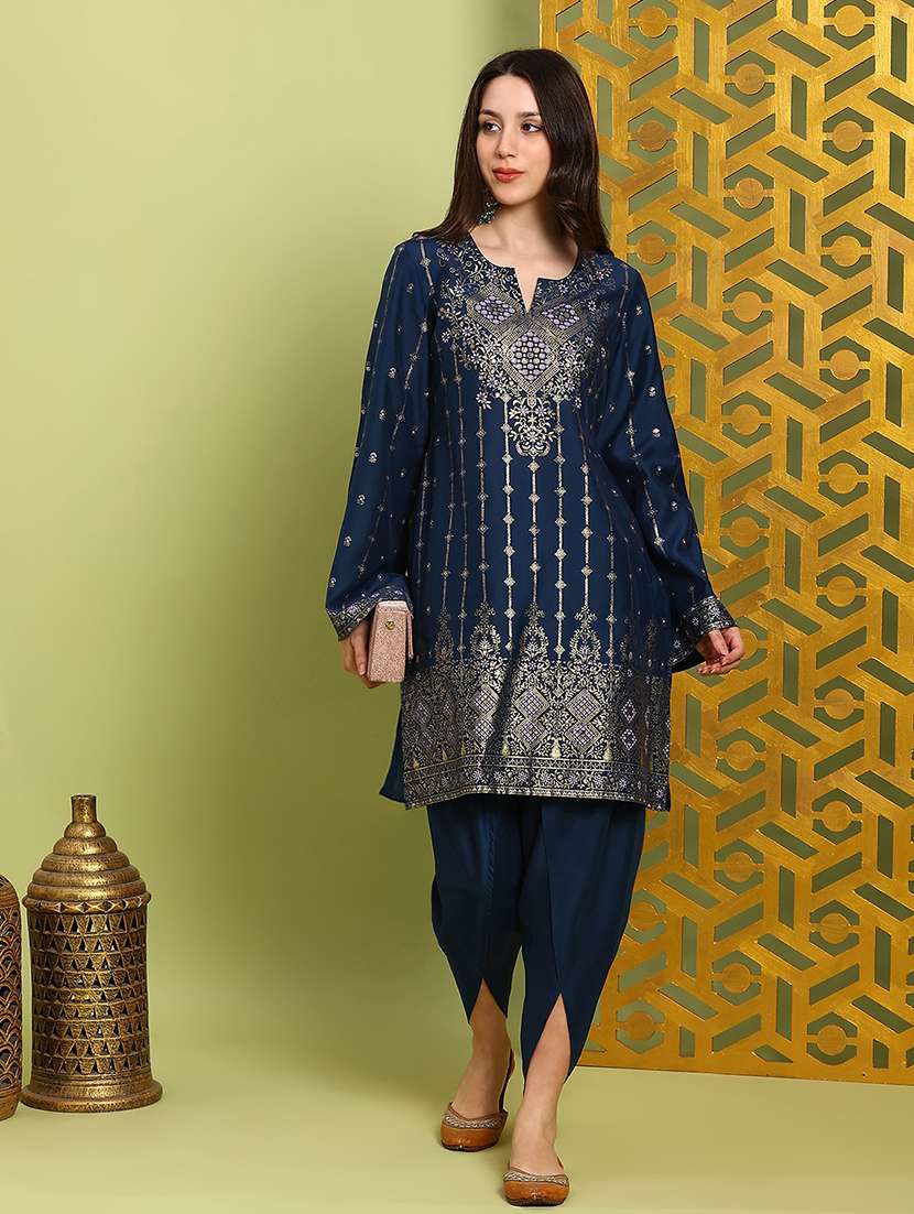 globus women navy blue round neck bell sleeves gold foil ethnic print straight kurta with dhoti pants festive set