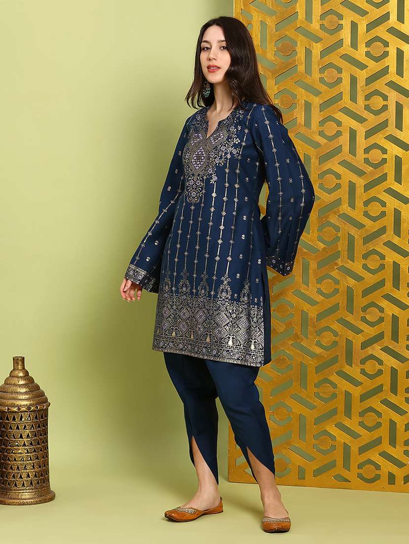 globus women navy blue round neck bell sleeves gold foil ethnic print straight kurta with dhoti pants festive set - 22219214 -  Standard Image - 1