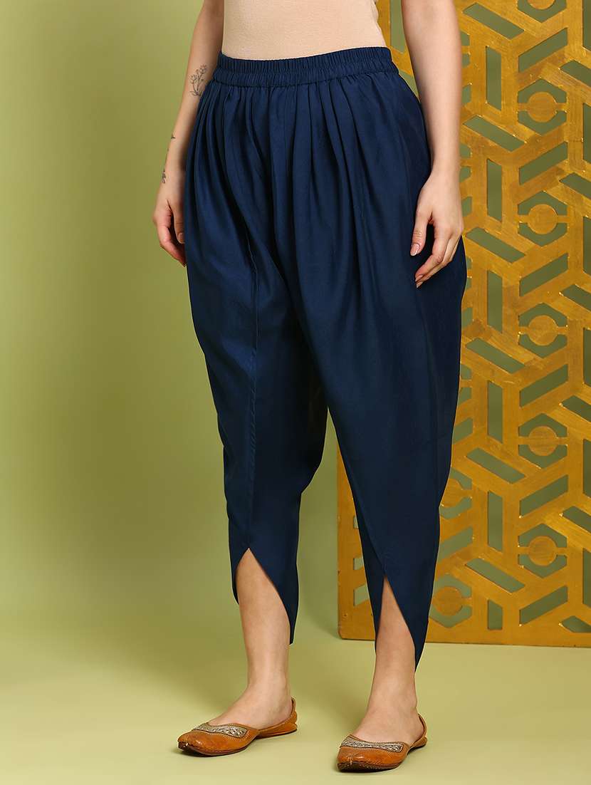 globus women navy blue round neck bell sleeves gold foil ethnic print straight kurta with dhoti pants festive set - 22219214 -  Standard Image - 4