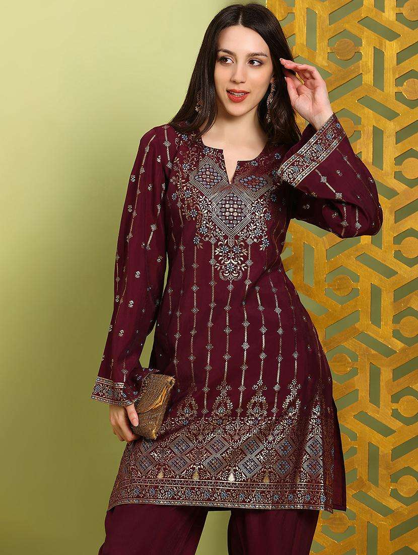 globus women maroon round neck bell sleeves gold foil ethnic print straight kurta with dhoti pants festive set - 22219215 -  Standard Image - 1