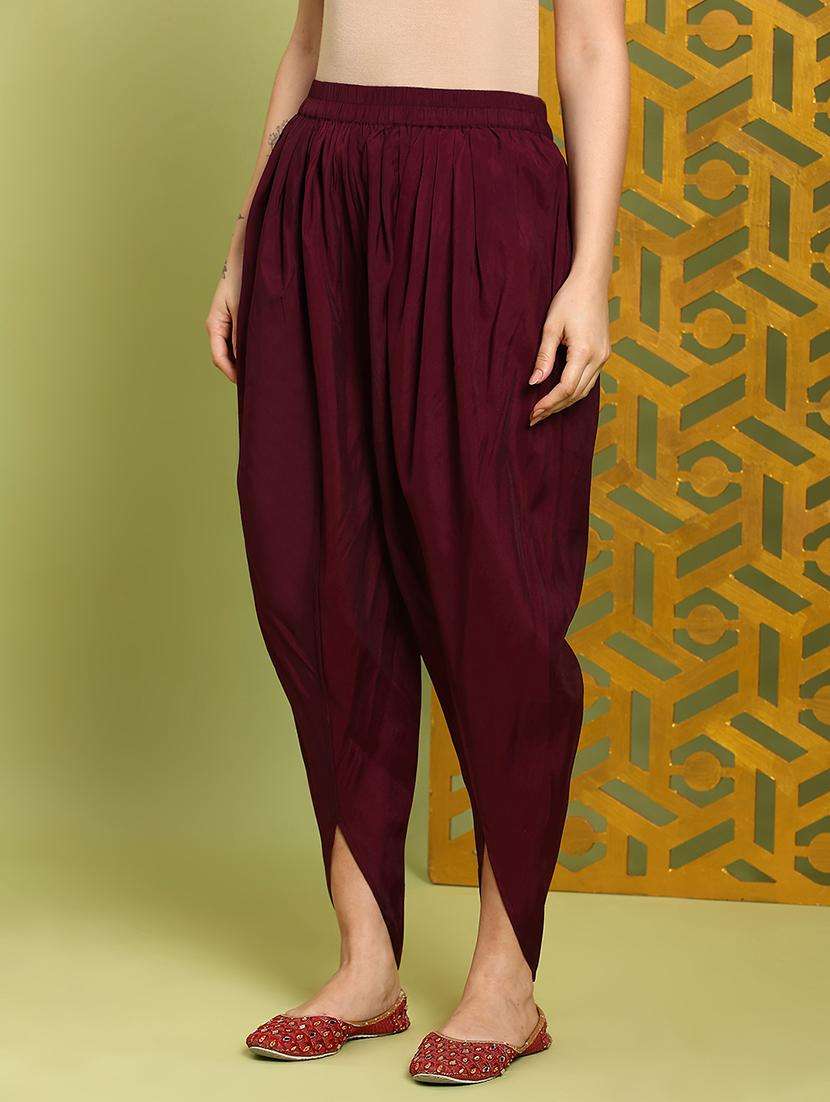 globus women maroon round neck bell sleeves gold foil ethnic print straight kurta with dhoti pants festive set - 22219215 -  Standard Image - 4