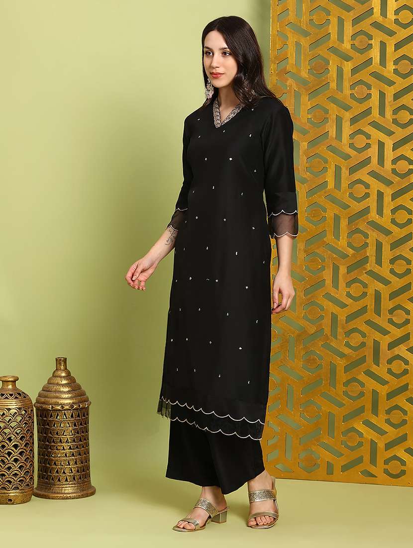 globus women black sequin embroidered v-neck scalloped hem straight kurta with wide leg pants festive set - 22219216 -  Standard Image - 1