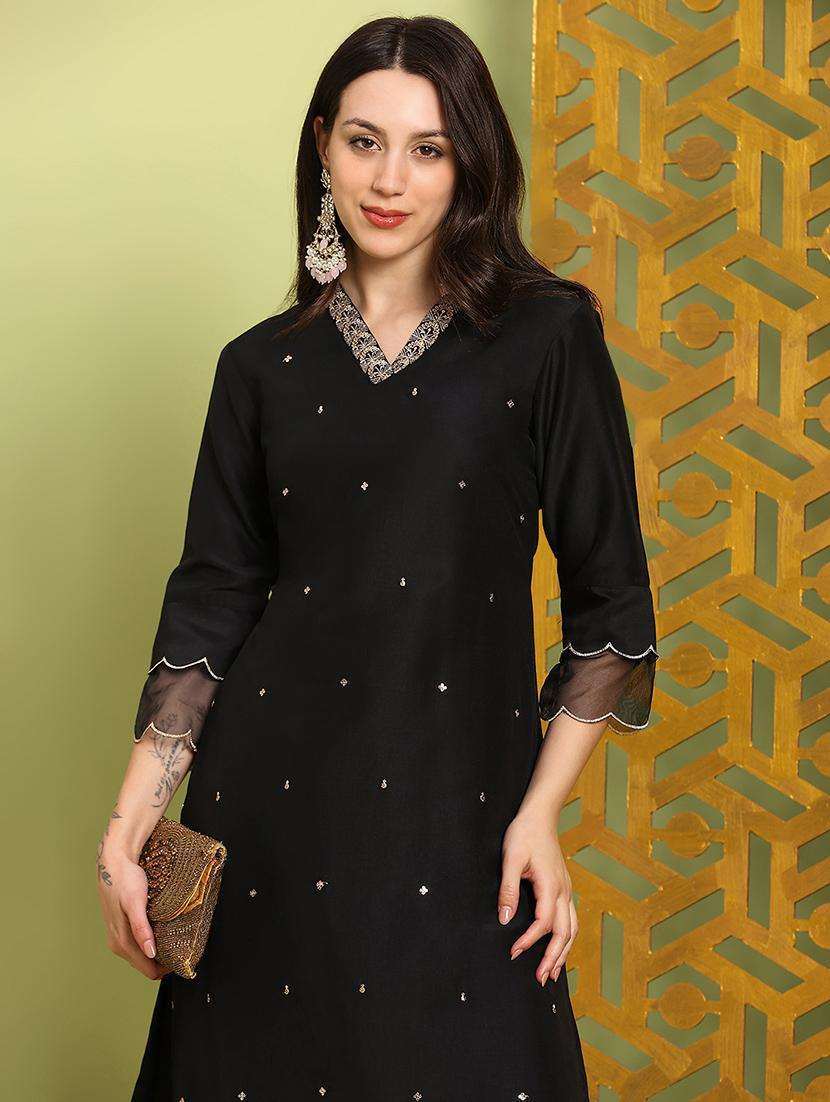 globus women black sequin embroidered v-neck scalloped hem straight kurta with wide leg pants festive set - 22219216 -  Standard Image - 1