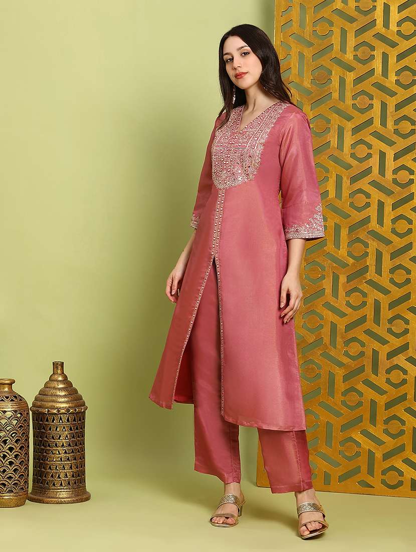 globus women pink mirror work embroidered v-neck bell sleeves front slit a-line kurta with wide leg pants festive set - 22219217 -  Standard Image - 1