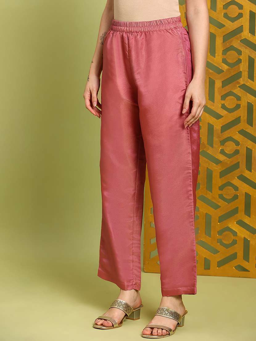 globus women pink mirror work embroidered v-neck bell sleeves front slit a-line kurta with wide leg pants festive set - 22219217 -  Standard Image - 4