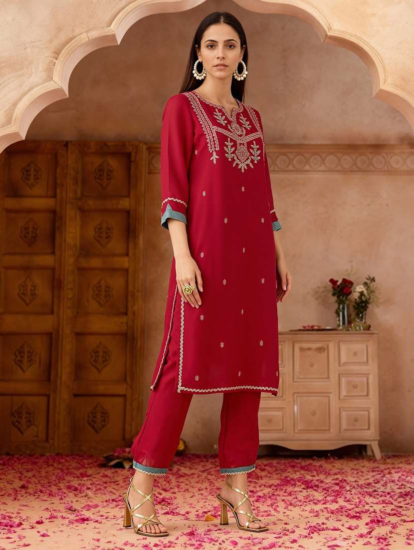Globus Women Pink Zari Embroidered Yoke Straight Kurta With Wide Leg Pants & Taping Dupatta Festive Set - 22219218 -  Standard Image - 1