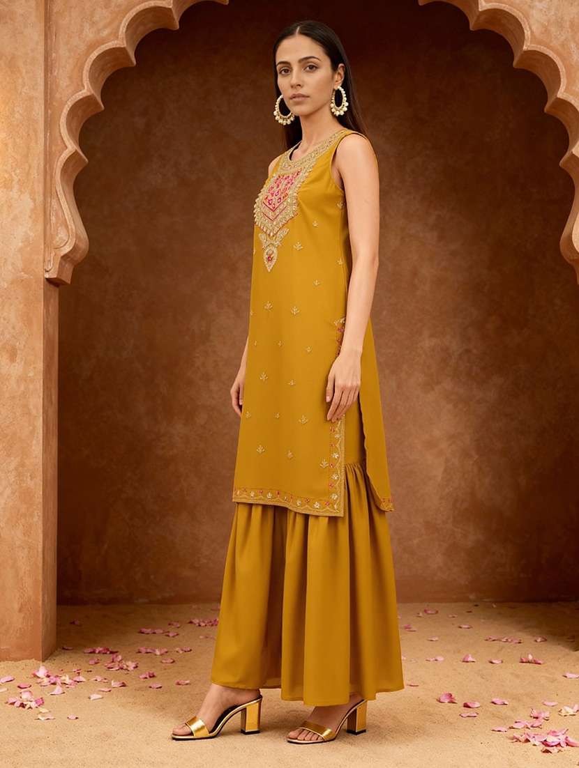 globus women mustard floral zari embroidered round neck straight kurta with sharara & taping dupatta festive set - 22219219 -  Standard Image - 1