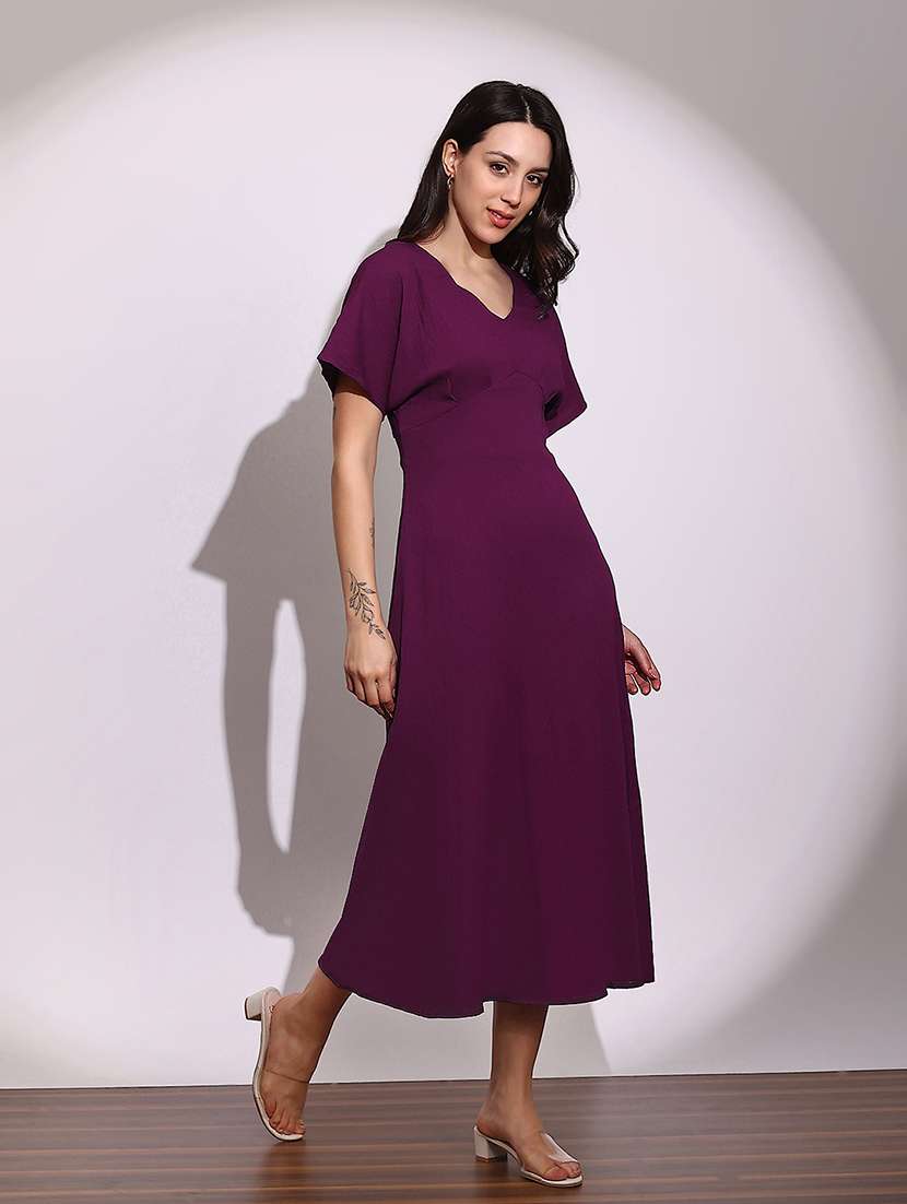 globus women purple v-neck extended sleeves midi a-line dress - 22219223 -  Standard Image - 1