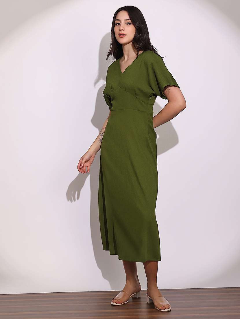 globus women green v-neck extended sleeves midi a-line dress - 22219224 -  Standard Image - 1