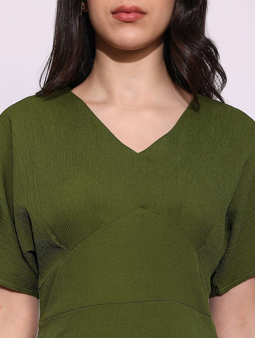 globus women green v-neck extended sleeves midi a-line dress - 22219224 -  Standard Image - 4