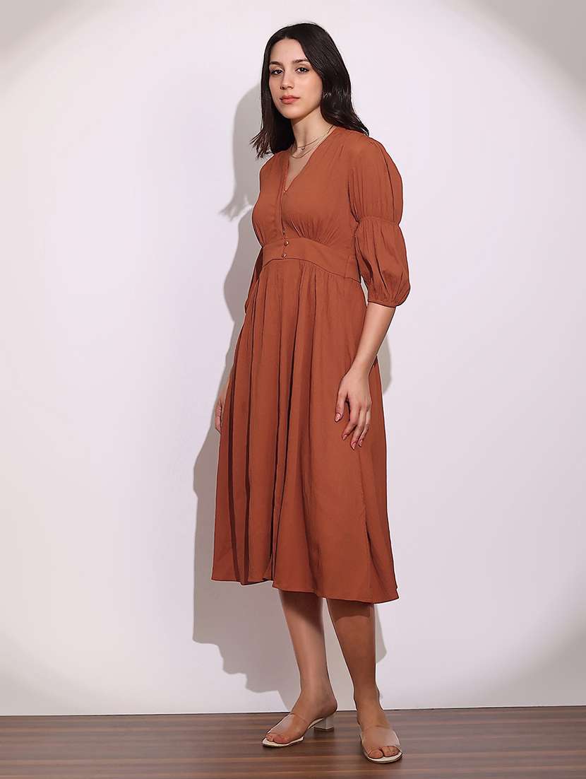globus women rust v-neck puff sleeves gathered details fit & flare midi dress - 22219225 -  Standard Image - 1