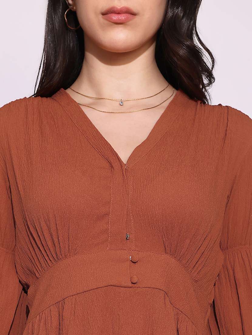 globus women rust v-neck puff sleeves gathered details fit & flare midi dress - 22219225 -  Standard Image - 4