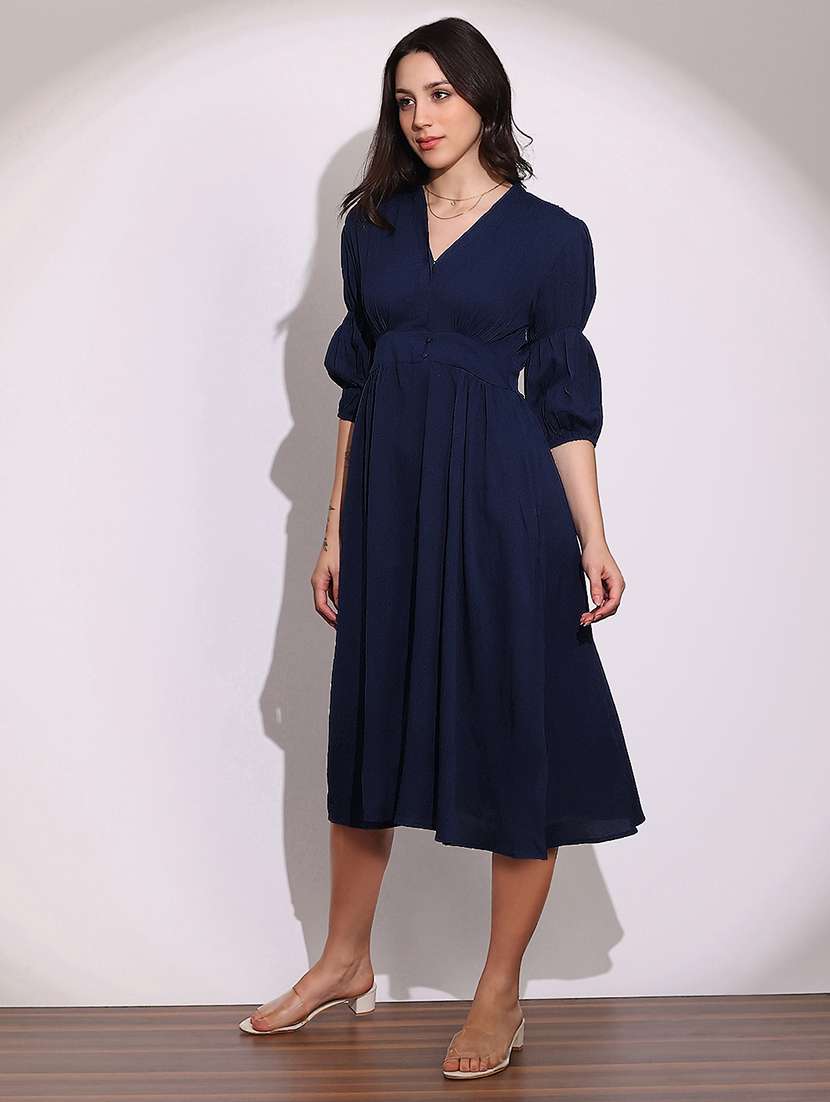 globus women blue v-neck puff sleeves gathered details fit & flare midi dress - 22219226 -  Standard Image - 1