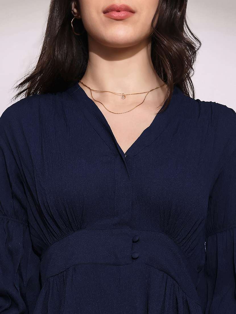 globus women blue v-neck puff sleeves gathered details fit & flare midi dress - 22219226 -  Standard Image - 4
