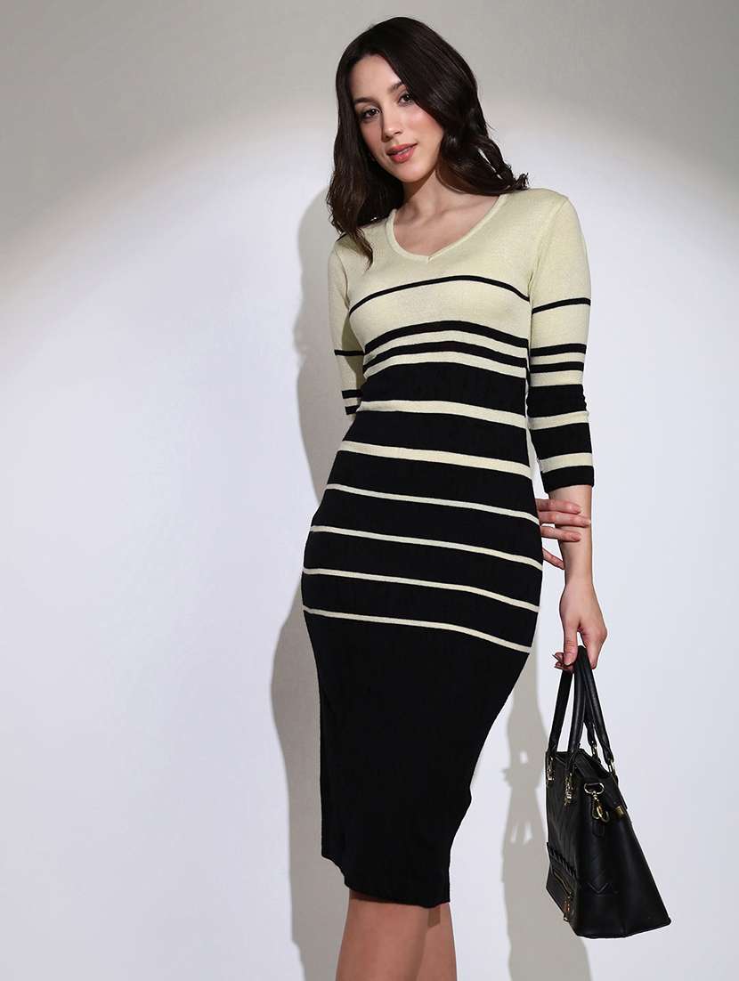 globus women black v-neck self design acrylic midi bodycon dress  - 22219227 -  Standard Image - 1