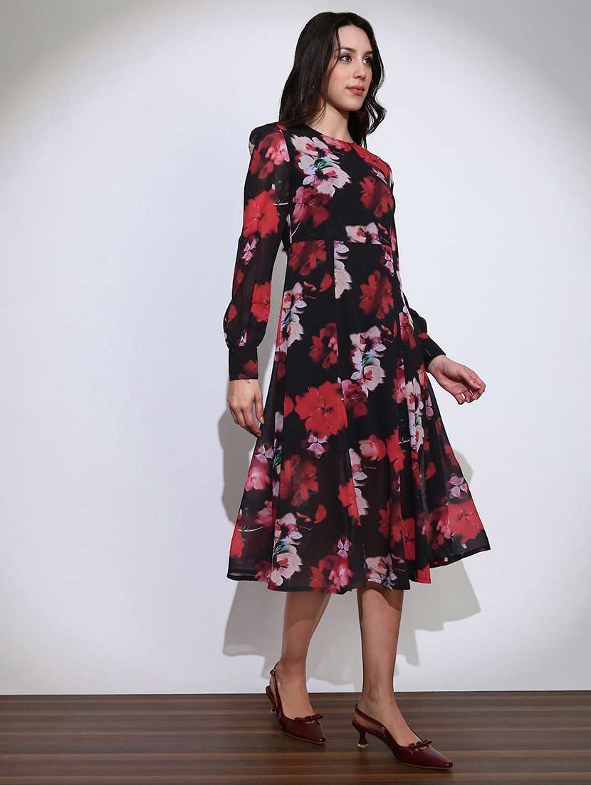 globus women black floral print round neck cuffed sleeve side slits fit & flared midi dress  - 22219229 -  Standard Image - 1