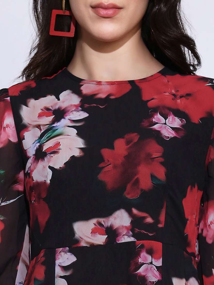 globus women black floral print round neck cuffed sleeve side slits fit & flared midi dress  - 22219229 -  Standard Image - 4