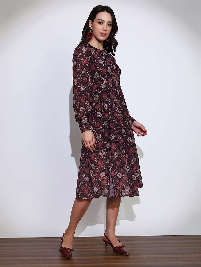 globus women brown floral print round neck cuffed sleeve side slits fit & flared midi dress  - 22219230 -  Standard Image - 1