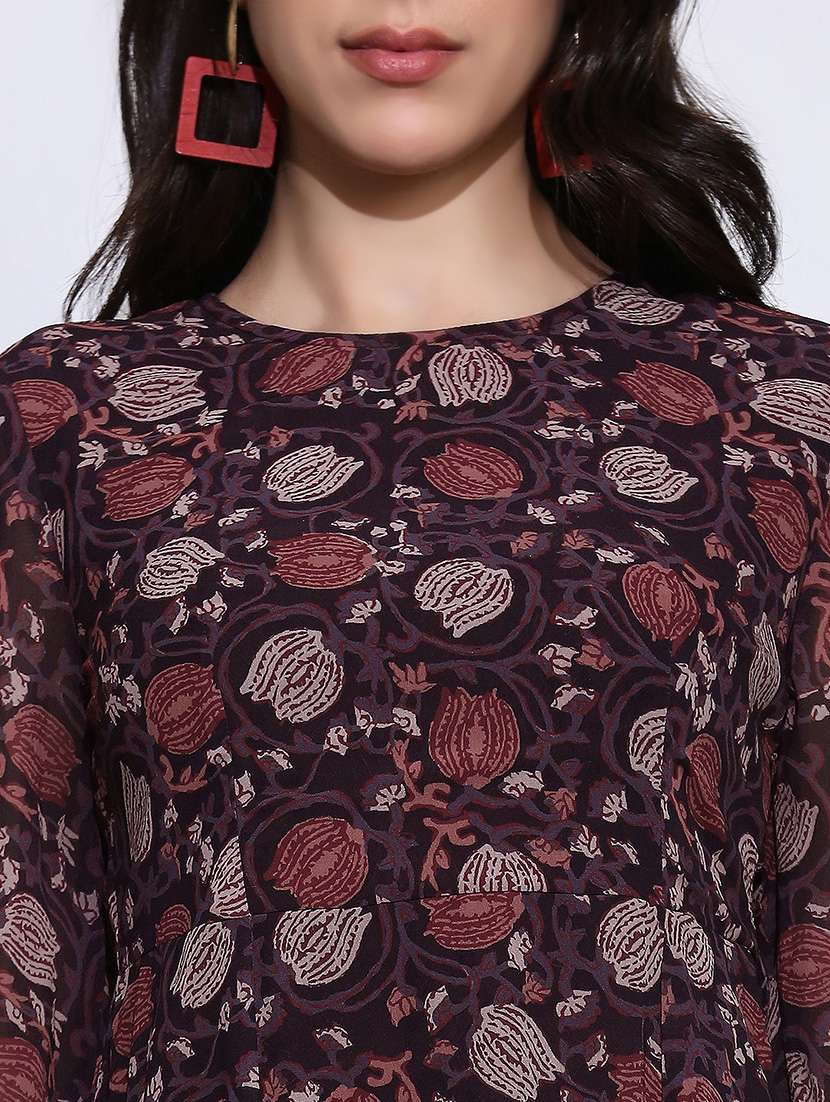 globus women brown floral print round neck cuffed sleeve side slits fit & flared midi dress  - 22219230 -  Standard Image - 4