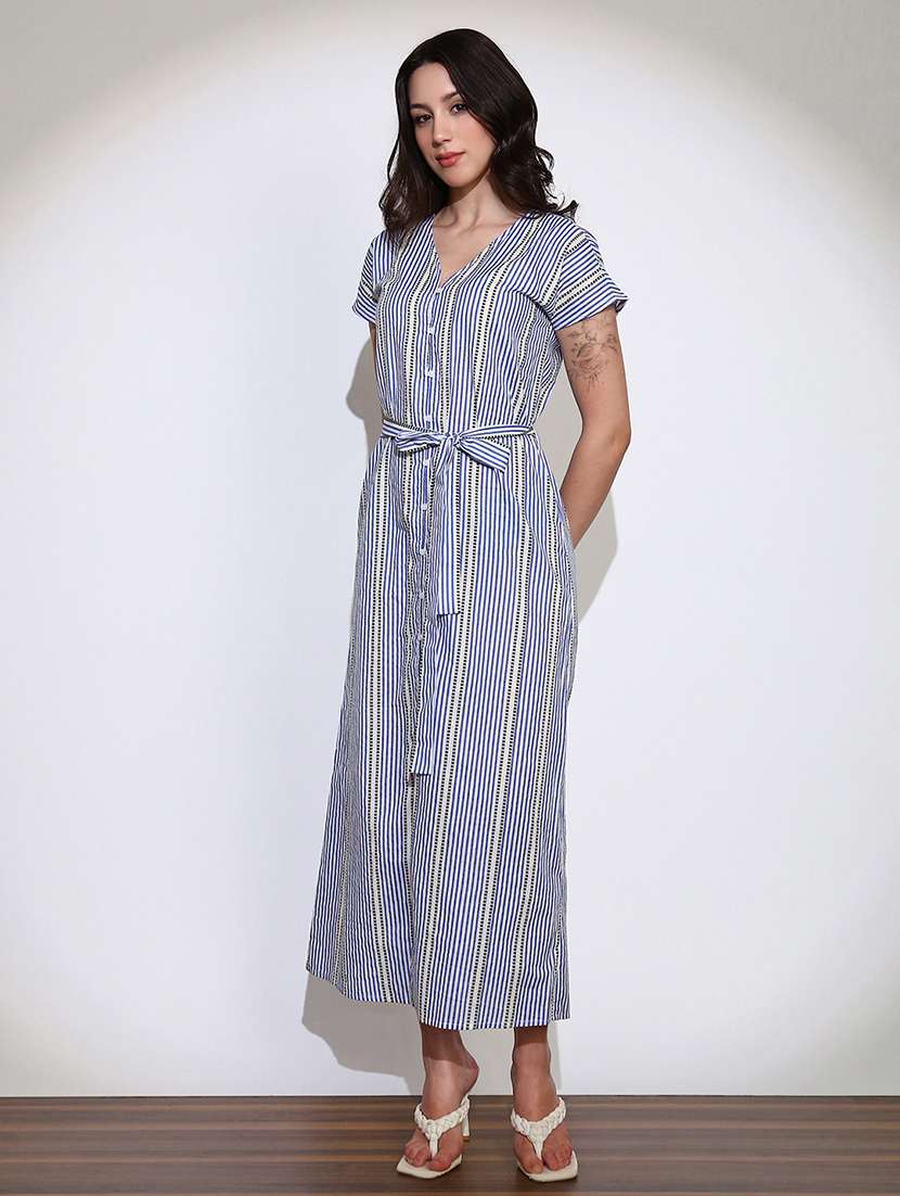 globus women blue striped v-neck extended sleeves front slit belted a-line midi shirt style dress - 22219231 -  Standard Image - 1