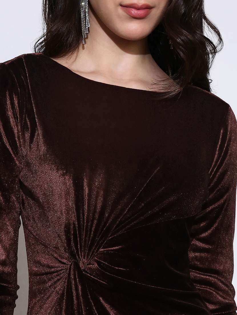 globus women brown boat neck twisted detail velvet sheath mini party dress - 22219232 -  Standard Image - 4