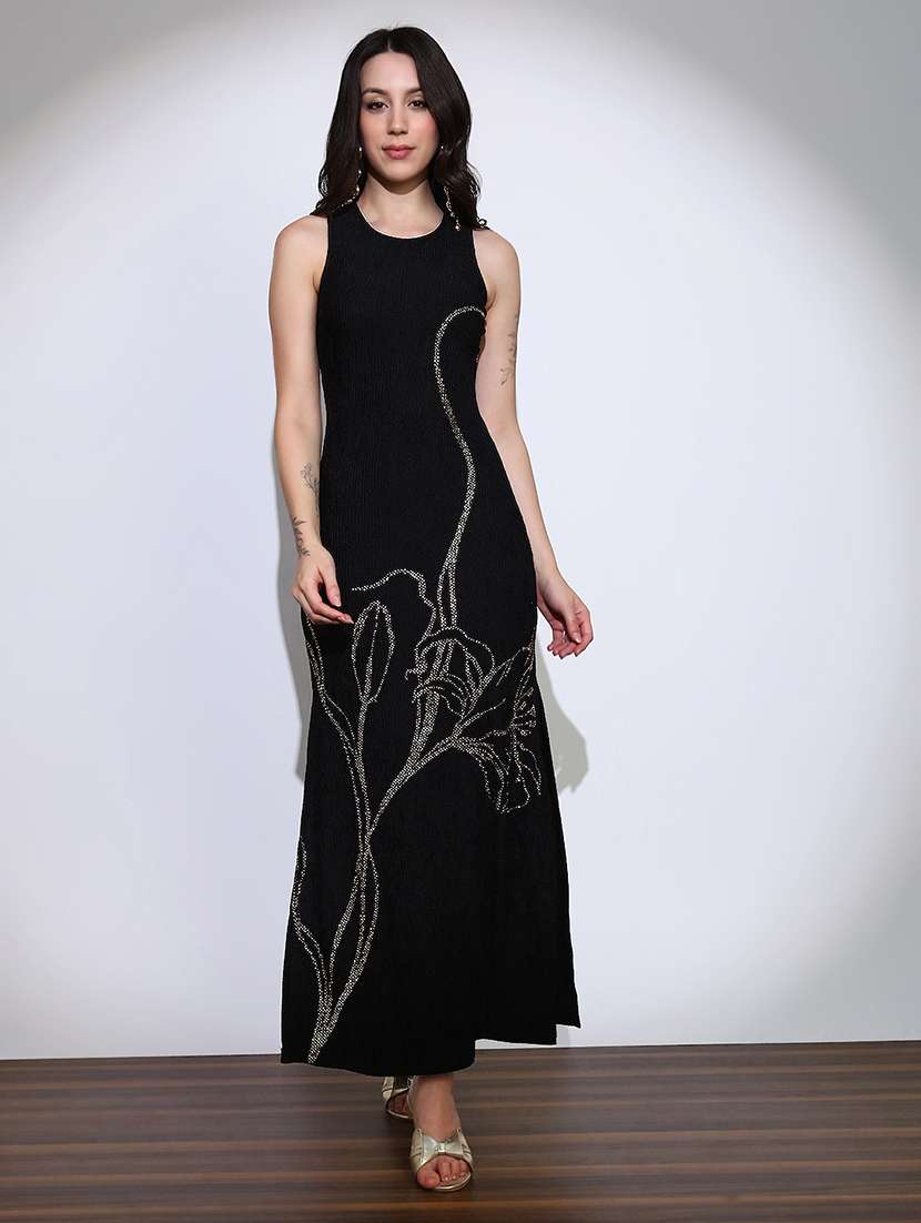 globus women black self design round neck embellished detail side slits bodycon maxi party dress