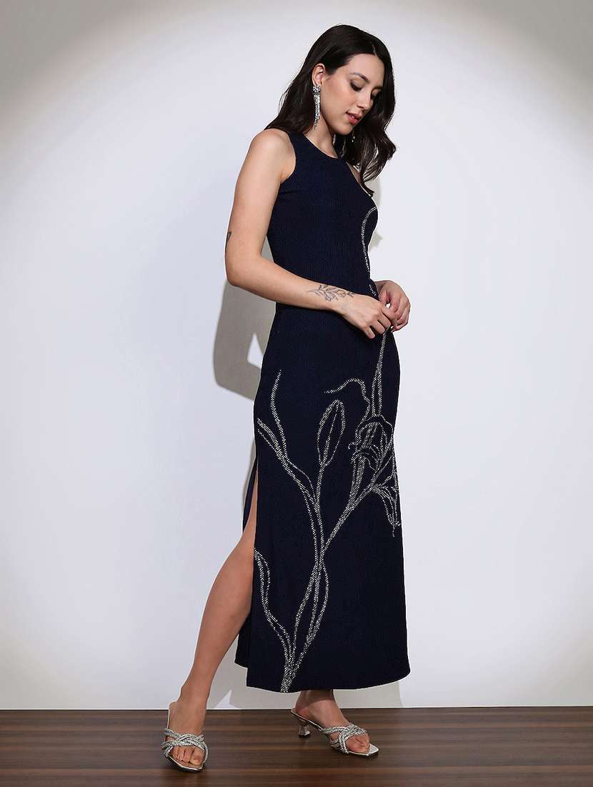globus women navy blue self design round neck embellished detail side slits bodycon maxi party dress - 22219235 -  Standard Image - 1