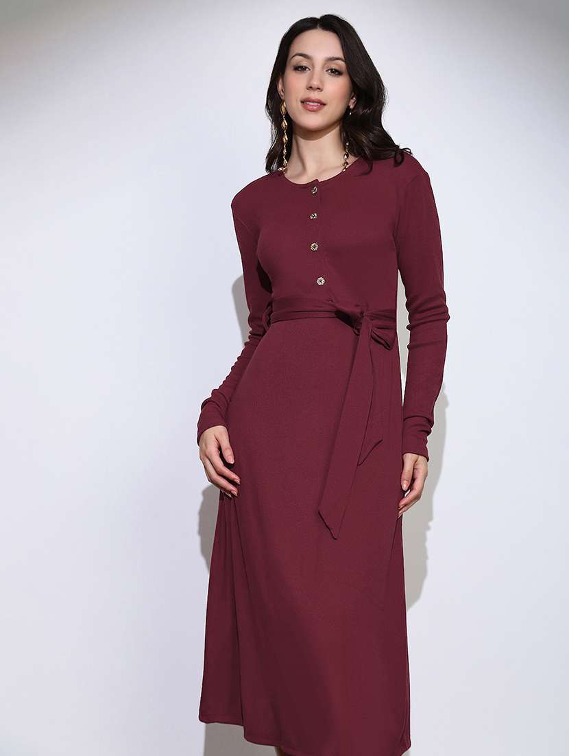 globus women maroon self design round neck long sleeves fit & flared ribbed belted midi dress  - 22219236 -  Standard Image - 1