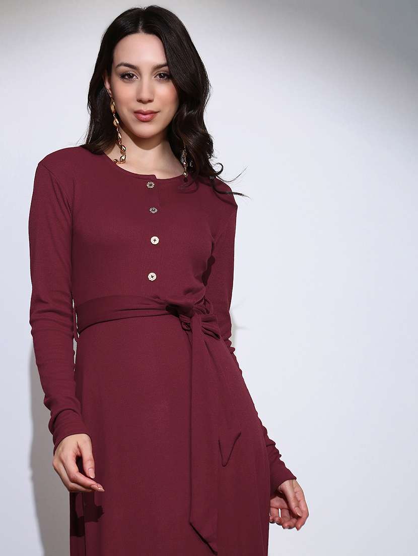 globus women maroon self design round neck long sleeves fit & flared ribbed belted midi dress  - 22219236 -  Standard Image - 4
